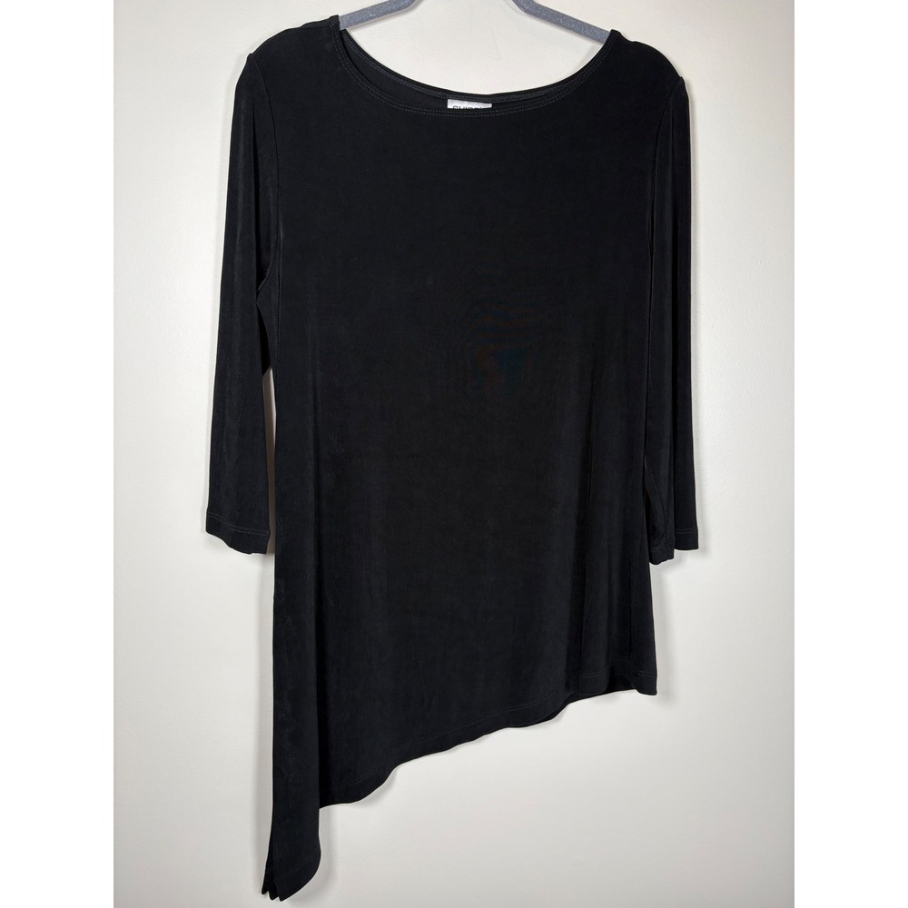 Chicos Travelers Black Asymmetrical Side Tie Tunic Top 3/4 Sleeve Size 2 L